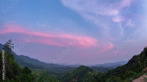 .time lapse sunrise in Phang Nga valley on Phu Tathan hilltop new viewpoint to see mist. photo