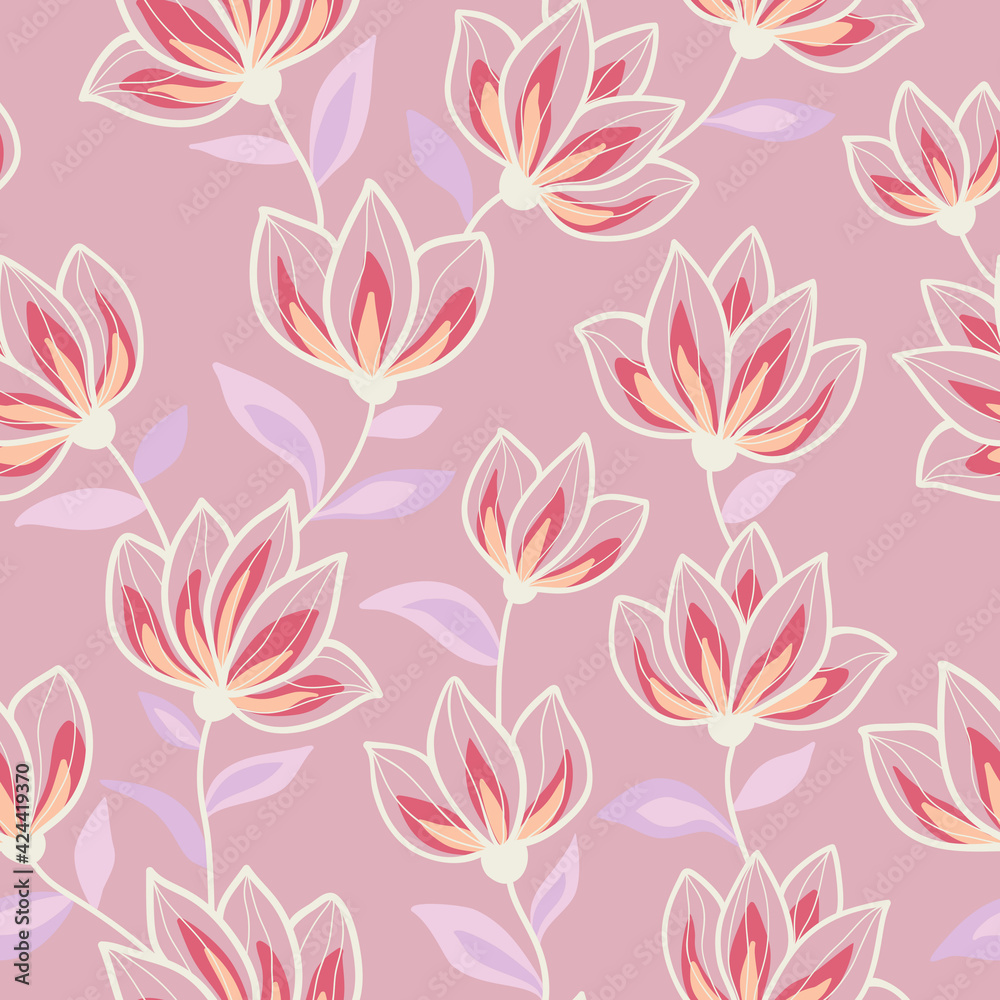 Fantasy colorful flowers with light purple leaves on a pink background. Seamless floral doodle pattern. Suitable for textile, packaging, wallpaper.