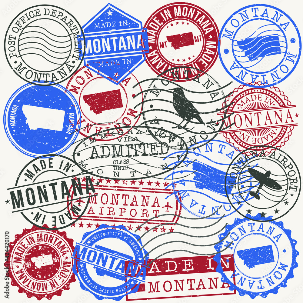Montana, USA Set of Stamps. Travel Passport Stamps. Made In Product. Design Seals in Old Style Insignia. Icon Clip Art Vector Collection.