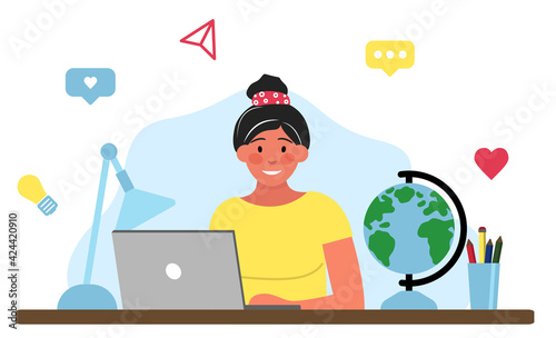 Vector illustration. The girl is studying at home at the computer. globe, pencils. University, home schooling, entrance exams. Flat.