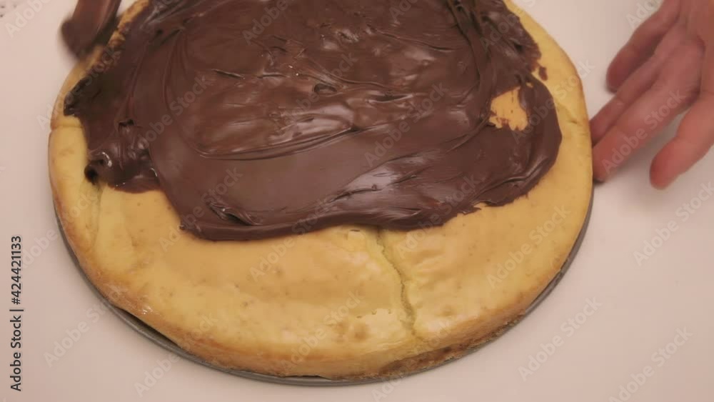 Putting tasty brown chocolate cream on a freshly baked cake, using a knife, until it's completely filled. Closeup shot of the homemade dessert.
Putting tasty brown chocolate cream on a freshly baked cake, using a knife, until it's completely filled. Closeup shot of the homemade dessert.