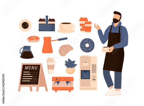 Flat character coffee shop barista. Vector illustration flat design. Vector infographic illustration. Cartoon male barista or waiter standing near menu board.