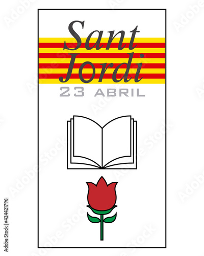 Sant Jordi traditional festival of Catalonia Spain. Bookmark with flower and book