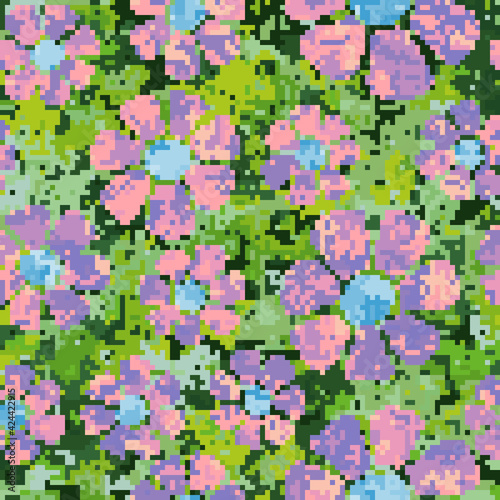 Seamless pixel female camouflage. Blue-lilac flowers on a green background.