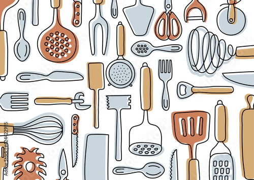 Kitchen knolling. Kitchenware sketch set. Doodle line vector utensils, tools and cutlery. Spatula, spoon, knife, sieve and scissors. Vegetable peeler, whisk and bottle opener