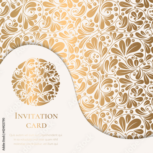 Gold and white luxury invitation card design. Vintage ornament template. Can be used for background and wallpaper. Elegant and classic vector elements great for decoration.