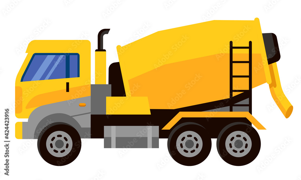 Concrete mixer truck side view. Special machinery in cartoon style.