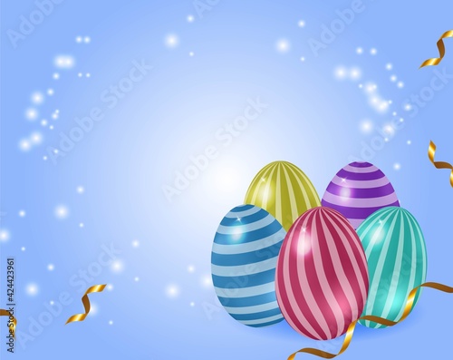 Template for easter banner, greeting card. Festive background with 3d glossy colored eggs, elegant style. 