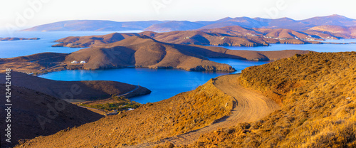 wonderful nature scenery of Greece. Astypalea (Astipalaia) island . Golden hills over sunset photo
