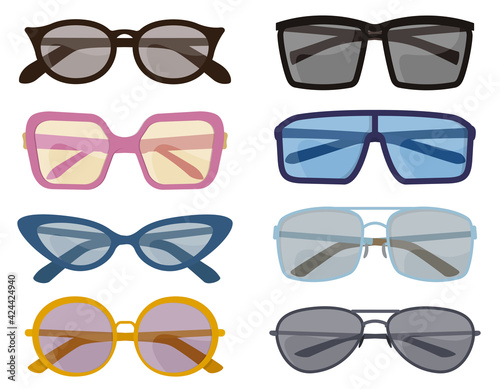 Set of different sunglasses. Male and female accessories in cartoon style.