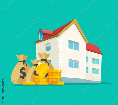 Real estate business money income vector concept or house building expensive taxes idea flat cartoon illustration, home ownership cash investment, budget savings profit or development debt