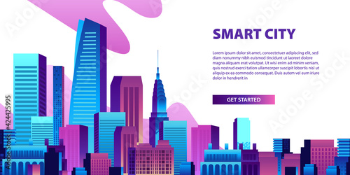 Concept of smart city illustration with modern pop colorful big city urban building skyscraper with gradient color