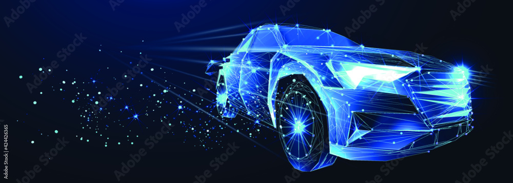 Electric car. Abstract vector 3d high speed sports car. Highway road. Isolated on  dark blue background. Digital futuristic polygonal low poly  mesh illustration - obrazy, fototapety, plakaty 