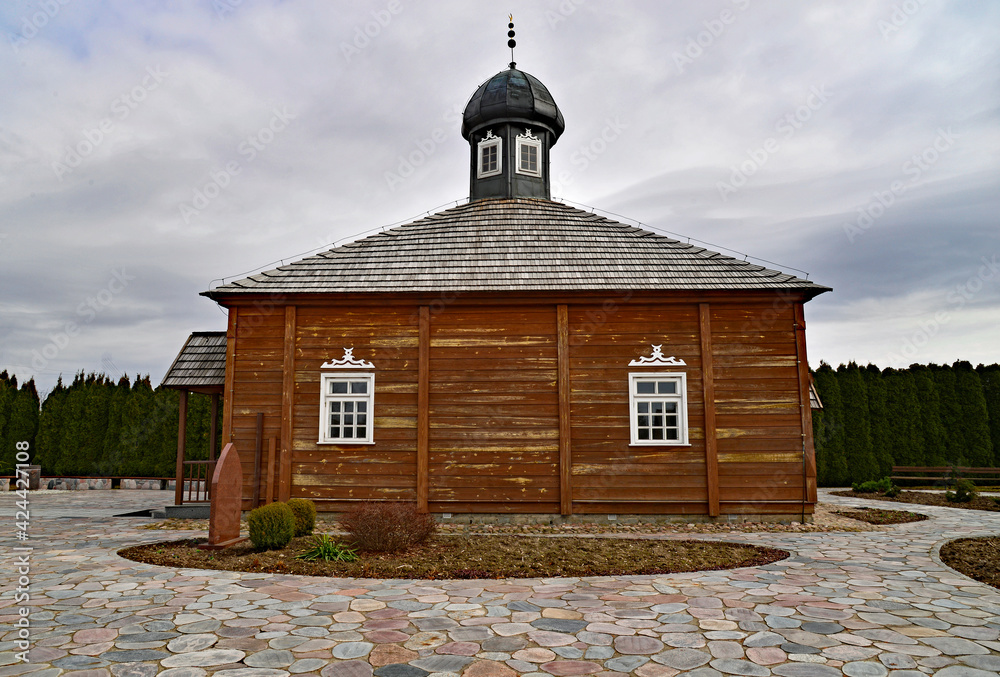 external view and interior of a wooden mosque built in 1873, i.e. a temple of the followers of Islam in Bohoniki in Podlasie, Poland