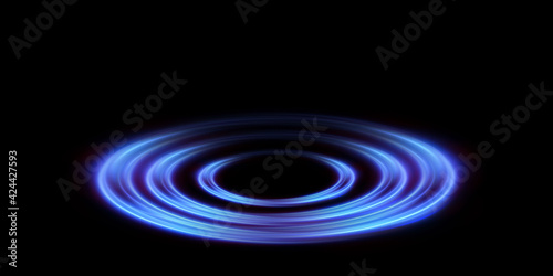 Abstract vector light lines swirling in a spiral. Light simulation of line movement. Light trail from the ring. Illuminated podium for promotional products.