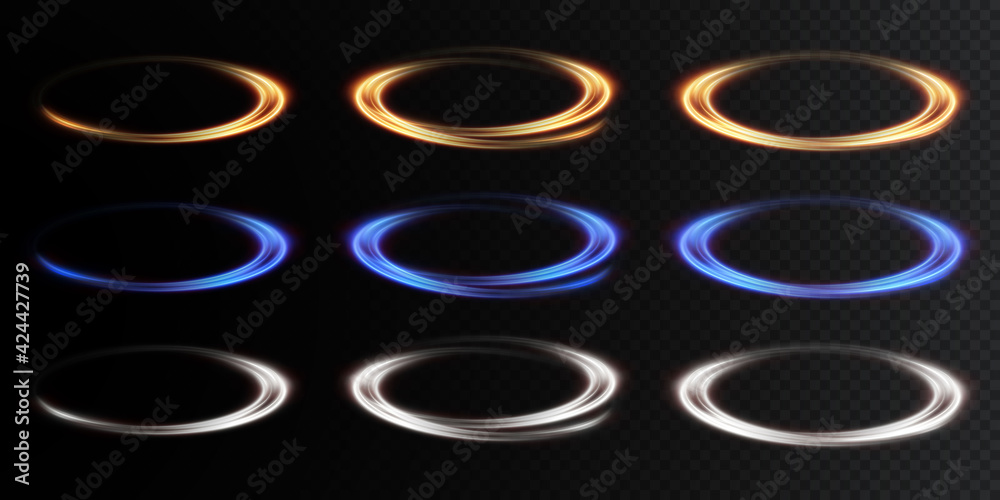 Abstract vector light effect of golden line of light. Movement light lines moving in a circle. Lighting equipment for advertising brochures, banners and materials. Golden circle light PNG.
