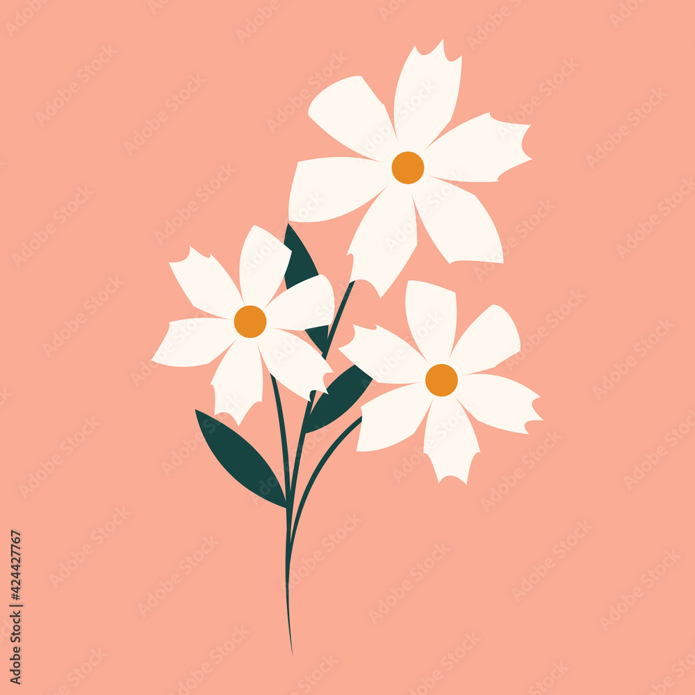 The bouquet of daisies icon. Three daisies, flat illustration. Natural floral element of the design of postcards, posters, greetings. Isolated on a light background. Doodle vector illustration The bouquet of daisies icon. Three daisies, flat illustration. Natural floral element of the design of postcards, posters, greetings. Isolated on a light background. Doodle vector illustration