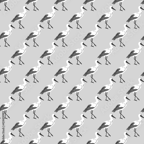 Fototapeta Naklejka Na Ścianę i Meble -  Retro Seamless Pattern with Monochrome Storks Vector Illustration
