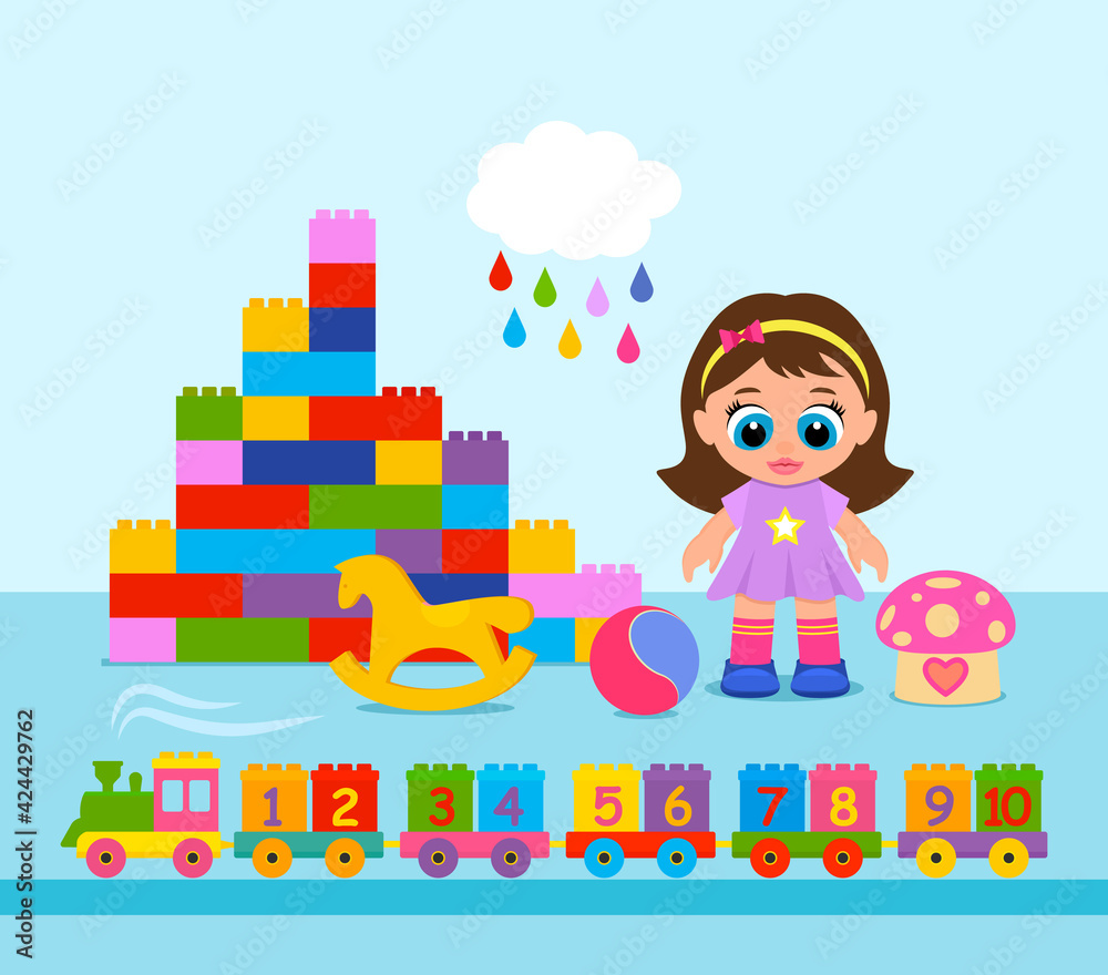 A large set of toys for toddlers. constructor, ball, beautiful doll, train with numbers from 1 to 10 A large set of toys for toddlers. constructor, ball, beautiful doll, train with numbers from 1 to 10