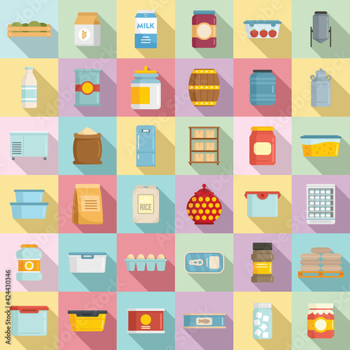 Food storage icons set, flat style