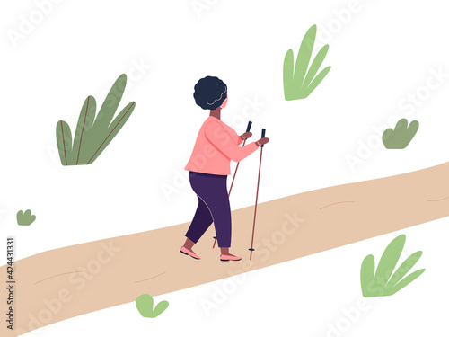 Elderly african woman is engaged in Nordic walking with sticks on path in the park. Old plump fashionable black woman walk on foot in the open air adhering to healthy lifestyle.Vector illustration