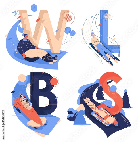 Capital english letters W for wok racing, B for bobsleigh, S for skeleton sport, L for luge isolated on white. Healthy characters riding down