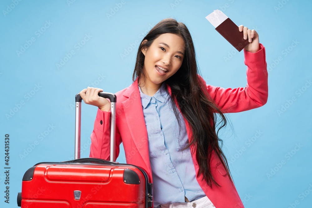 cheerful woman with suitcase passport and plane ticket vacation trip cheerful woman with suitcase passport and plane ticket vacation trip