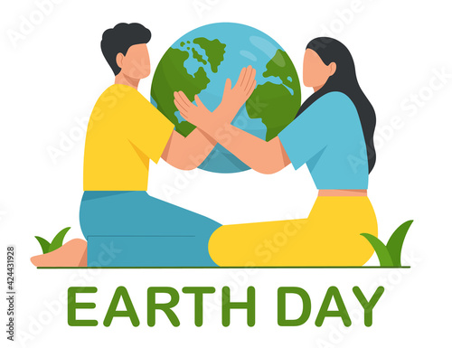 Happy Earth Day. Young man and woman hugging planet. Concept of environmental protection and nature care. Save the Earth. Design for greeting card, poster, web or print. Flat vector illustration.