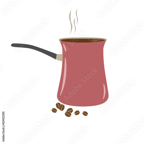 Vector illustration of a metal coffee turk with a plastic handle and coffee beans. Small composition. White isolated background.For various purposes of design in print and web.