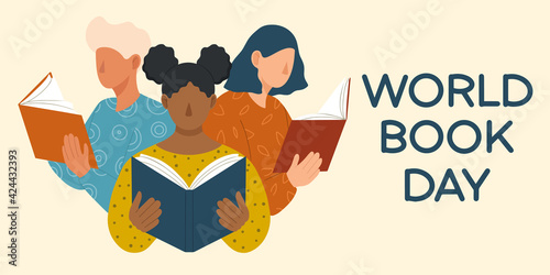 World Book Day. Young people different nationalities and cultures reading books. Book lovers, fans of literature. Flat vector illustration isolated on white background.
