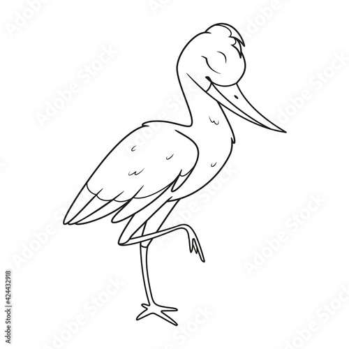 Cartoon stork sleeping on one leg coloring page. Black and white cartoon illustration