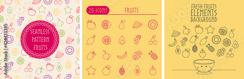 Bundling of seamless pattern, icon and background fruits
