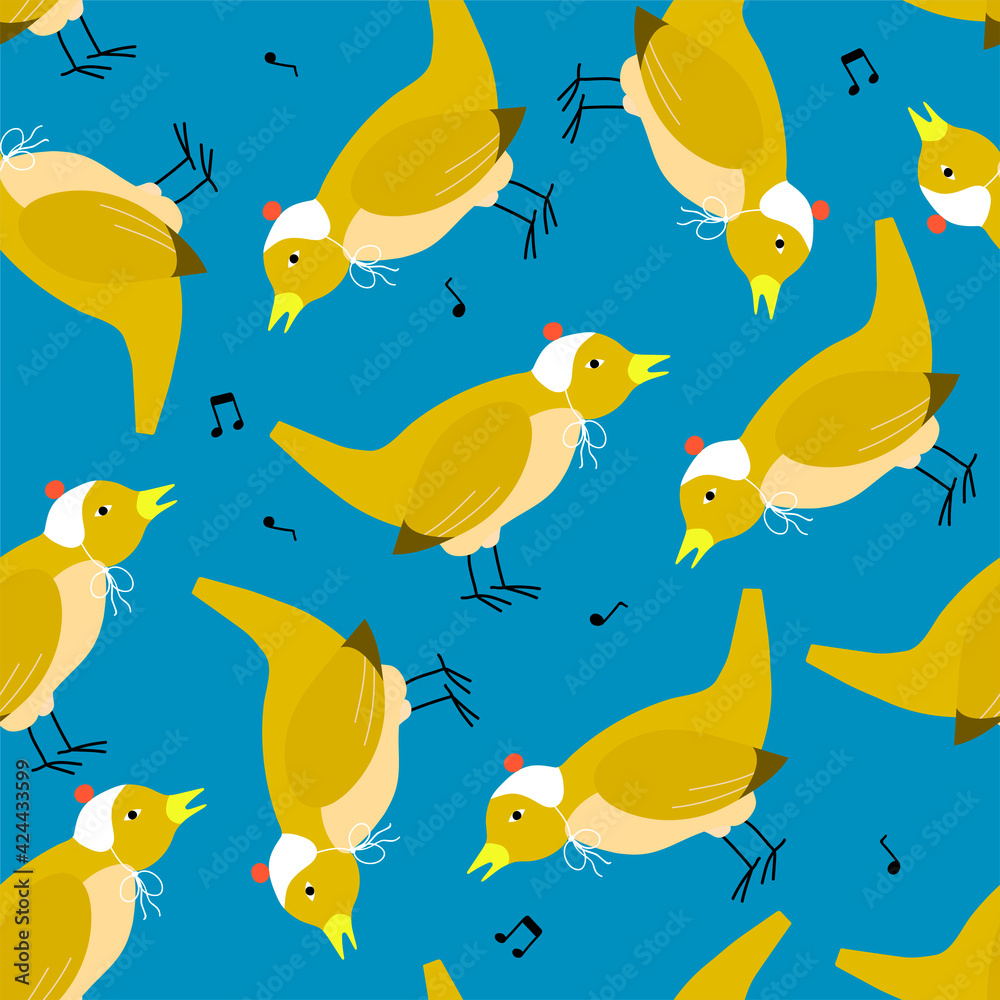 Obraz premium Cute minimalistic pattern with funny spring songbird - nightingle in scandinavian style on bright blue background. Stylish vector cartoon design for textiles, wallpapers, designer paper, etc