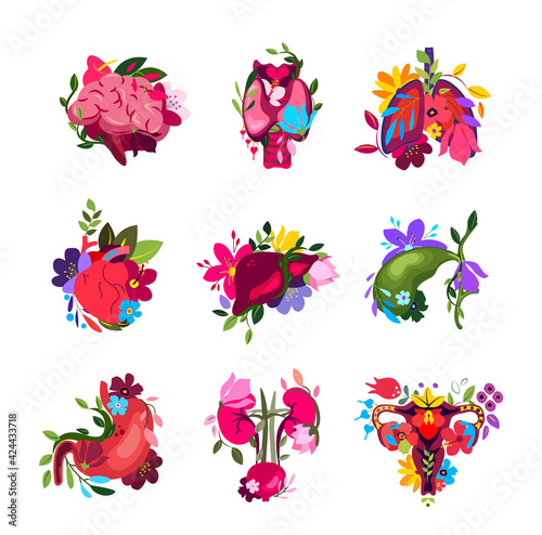 Beautiful Flowered Set of different Human Organs.Brain  Thyroid Lungs Heart Liver Stomach Kidneys Uterus in Flowers.Floral Internal Anatomy.Bright Healthy Guts Flower Nature.Bloomy Vector illustration