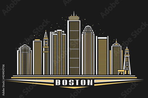 Vector illustration of Boston, horizontal poster with outline design illuminated boston city scape, american urban line art concept with decorative lettering for word boston on dark dusk background.