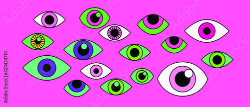 Many cartoon eyes. A conceptual illustration of paranoia, hallucinations and delusional perceptions.