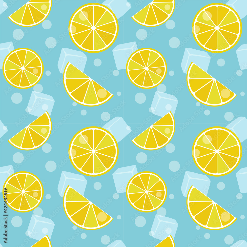 Vector summer seamless pattern with lemon slices on blue background. For paper, cover, fabric, gift wrap, interior.