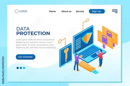 Infographic, banner with hero protect data and confidentiality. Safety and confidential data protection. Flat isometric vector illustration