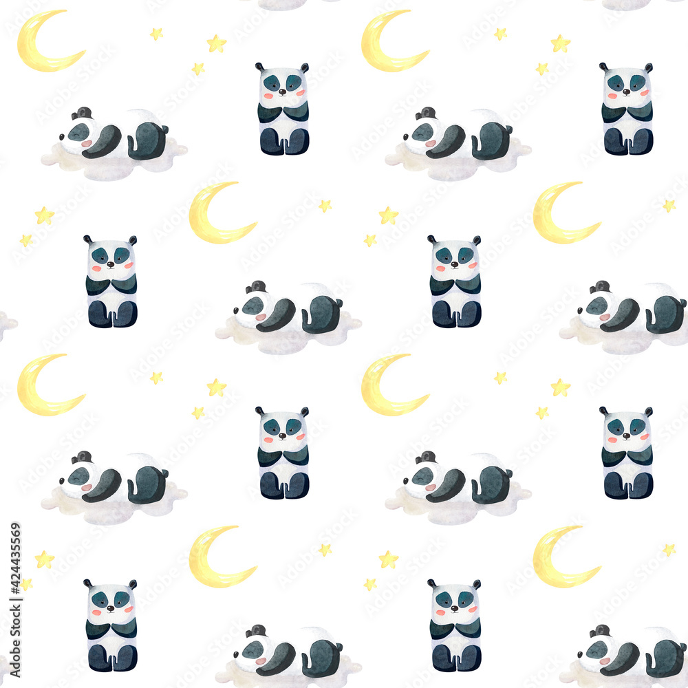 Obraz premium Cute pattern with pandas on the moon among the stars in the night