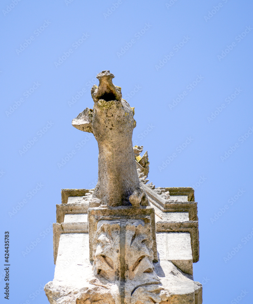 Lime sandstone gargoyles at St. Peter's Cathedral in Regensburg, photographed in spring