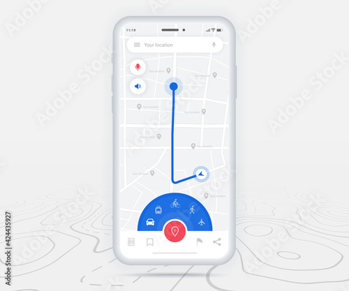 Map GPS navigation ux ui concept, Smartphone map application and destination pinpoint on screen, App search map navigate, Technology map, City navigation maps, City street, tracking, location, Vector