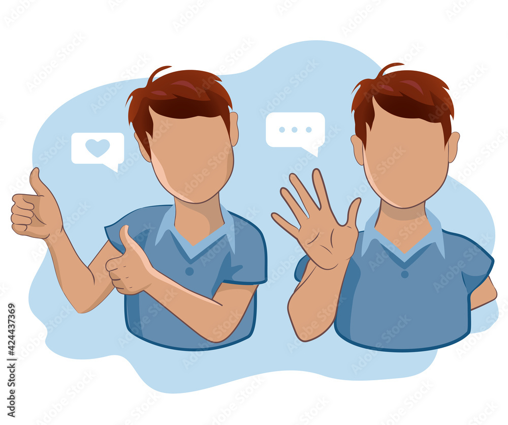 A man with thumbs up and a man waving his hand greeting or saying goodbye.  Cartoon male characters with welcoming and with thumbs up gestures in  vector illustration. Stock Vector | Adobe