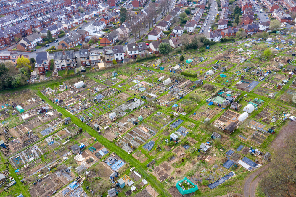 Aerial photo of a community garden allotment in the city of Leeds in the UK showing the community gardens alone side rows of residential houses taken in the string time