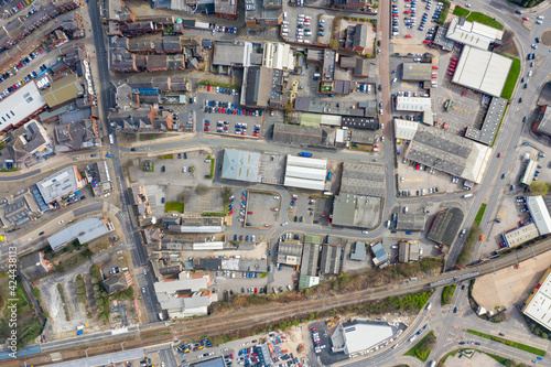 Top down aerial photo of the British town of Wakefield in West Yorkshire in the UK showing the main street town centre the residential properties in the town taken in the spring time