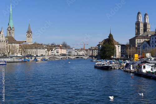 Old town of Zurich with river Limmat. Photo taken April 1st, 2021, Zurich, Switzerland.