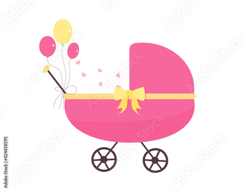 Baby carriage, stroller in pink. Isolated on white background. Print. Icon