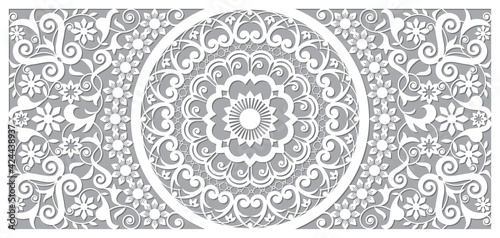 Moroccan vector openwork mandala design in recatangle DL format, inspired by the old carved wood wall art patterns from Morocco
