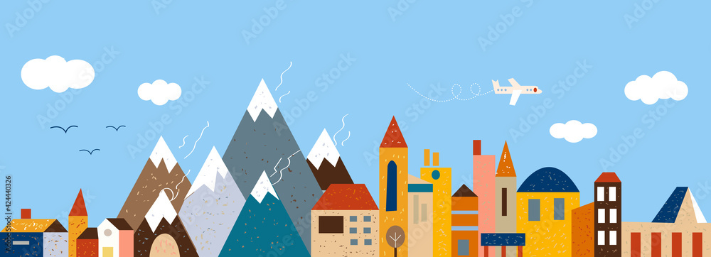 Cute town banner for travel and outdoor backgrounds. Vector graphic illustration