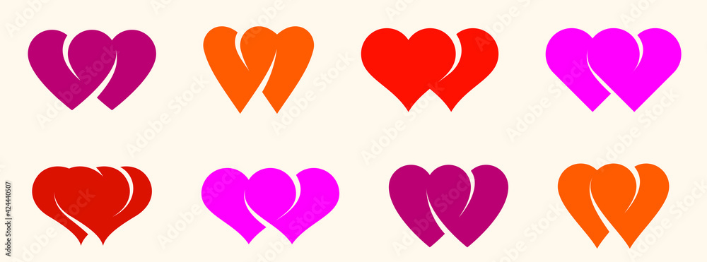Double two hearts vector icons or logos set, wedding and couple concept romantic theme, care and togetherness, two linked hearts connected. Double two hearts vector icons or logos set, wedding and couple concept romantic theme, care and togetherness, two linked hearts connected.