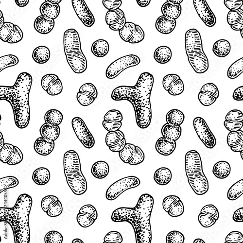 Bacterium seamless pattern in realistic sketch stile. Hand drawn medical background. Vector illustration